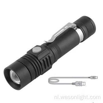 Goedkope 3 modi Bright Long Range Pocket Clip draagbare zoomende zoomende oplaadbare overleving LED Torch Light met batterijindicator